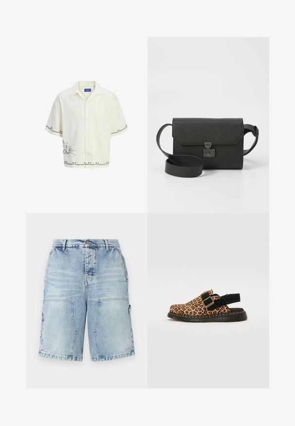 Košeľa s krátkymi rukávmi v svetlej krémovej farbe s golierom, ktorá má na prednej strane sivý skicový dizajn a dekoračné lemovanie.; Svetlomodré denimové kraťasy s voľným strihom, ktoré majú dve predné vrecká a ďalšie bočné vrecká. Po celom povrchu sú s opotrebeným vzhľadom.; Sabot s leopardím vzorom s čiernym semišovým pásikom a prackou. Obsahuje čiernu gumovú podrážku so žltým prešitím pre dodatočný detail.; Čierna kožená crossbody taška s textúrovaným povrchom, uzávery na preklop, kovovými doplnkami a zodpovedajúcim nastaviteľným popruhom.