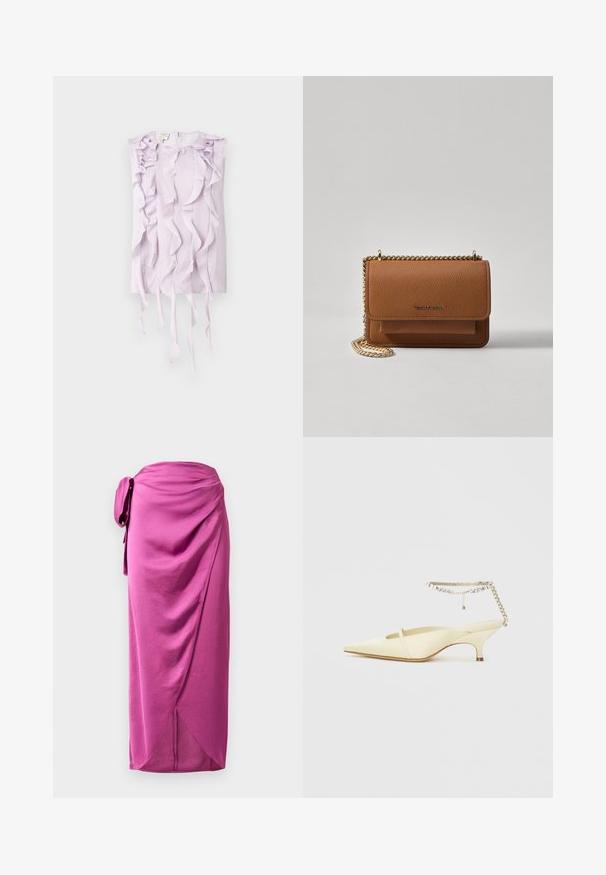 Lavender brezrokavni top z teksturirano tkanino in nabranimi detajli, ki padajo po sprednji strani in straneh. Zadrga na hrbtni strani.; Roza ovita krila s stranskimi zavezankami, ki ima drapirane tkanine, gladko teksturo in asimetrični rob. Lahka tkanina z blagim krojem.; Rumena satenska čevlja s koničastim nosom in nizkim petkom, z dekorativnim zapestnim trakom, okrašenim s kamenčki. Gladka tekstura, minimalen dizajn.; Rjava teksturirana usnjena torba čez ramo z zlatim verižnim trakom in zapiranjem na pokrov. Spredaj je vidna podrobnost logotipa in žep pod pokrovom.