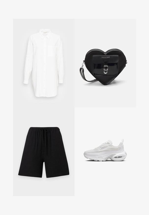 Pitkähihaista valkoista kauluspaitaa, jossa on rintatasku, esillä vaaleanharmaalla taustalla.; Mustat pellavashortsit, joissa on joustava vyötärö ja nyöri. Suora leikkaus, polvipituus, teksturoitu kangas, ilman näkyviä kuvioita tai yksityiskohtia.; Valkoinen lenkkari, jossa on aaltoileva yläosa, teksturoitu kangas, pehmustettu pohja ja näkyvä ilmavut. Varustettu nauhakiinnityksellä edessä ja vetoketjulla.; Mustan sydämenmuotoisen laukun, joka on valmistettu lakatun nahasta, etupussissa on solki sulkeminen ja irrotettava hihna. Hopeiset kivetekstit.