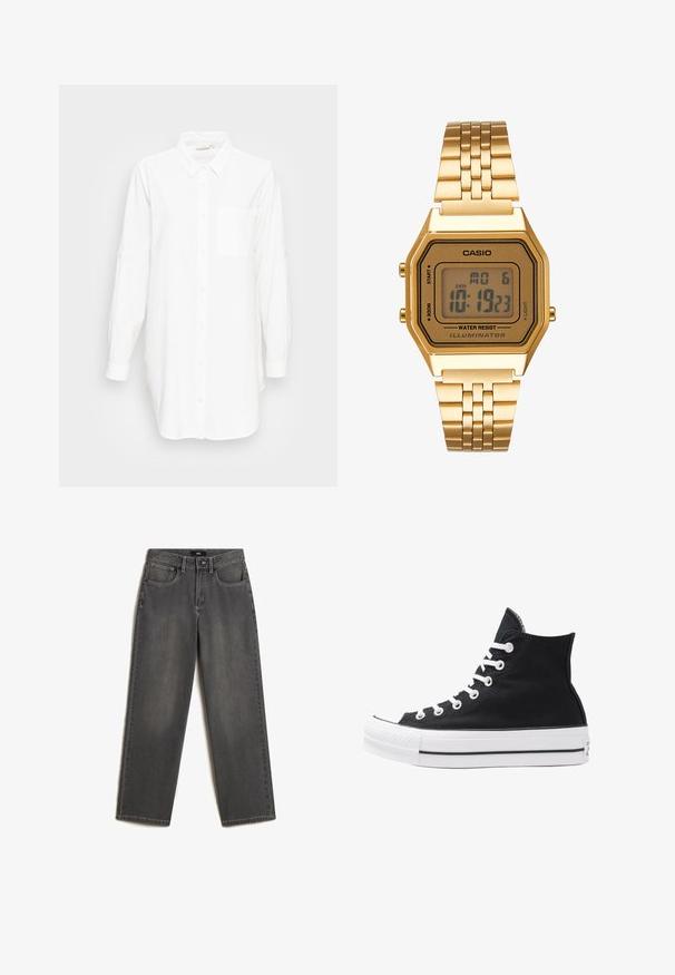 Witte button-up shirt met lange mouwen, kraag en borstzak, weergegeven op een effen lichtgrijze achtergrond.; Grijze wijde jeans van denim. Heeft vijf zakken, een sluiting met een knoop en ritssluiting aan de voorkant, en subtiele vervaging op de stof.; Hoge zwarte canvas sneaker met witte oogjes, veters en rubberen zool. Beschikt over een gestructureerde neuskap en zwart-witte streepaccenten.; Gouden digitale klok met een rechthoekige wijzerplaat, LCD-display, roestvrijstalen band en knoppen aan de zijkant. Bevat een waterdicht label.