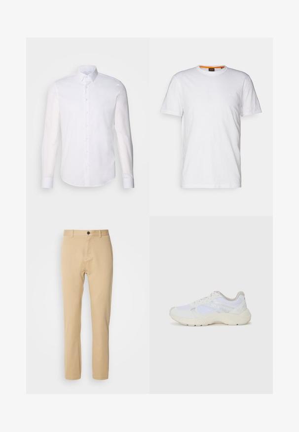 Valge pikkade varrukatega nööpidega särk, mis on valmistatud puuvillast, klassikalise krae, eest nööpide ja minimaalsete õmblusdetailidega.; Valge puuvillane T-särk ümmarguse kaelusega, lühikeste varrukatega ja rinna peal diskreetse reljeefse logoga. Siseetiketil on oranž detail.; Beežid chinosid, millel on sile puuvillane kanga, kitsas lõige, tasane eesmine osa, vöökohad ja üks nööp sulgemiseks. Täpselt valmistatud disain peente õmblustega.; Valged sportlikud jalanõud, mis on valmistatud võrkkangast ja seemisnahast, sisaldavad tekstureeritud vahetald, tekstureeritud aktsentide ning küljes oleva "HUGO" logo.