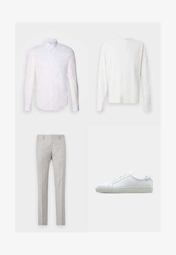 Bílá košile s dlouhým rukávem vyrobená z bavlny, s klasickým límcem, předními knoflíky a minimálním detailem šití.; Bílá bavlněná košile s dlouhým rukávem a kulatým výstřihem, s bočními rozparky na spodní části a hladkým povrchem, vystavená zezadu.; Světlé šedé kalhoty s přizpůsobeným střihem a hladkou texturou, s plochým předním panelem a dvěma bočními kapsami. Mají rovné nohavice a jemné sklady.; Bílé tenisky s hladkým koženým svrškem a nízkým profilem. Mají zaoblenou špičku, šest nýtů a texturovanou gumovou podrážku.