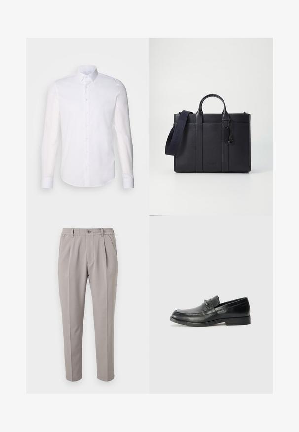 Weißes Langarm-Hemd aus Baumwolle, mit klassischem Kragen, vorderen Knöpfen und minimalen Nähdetails.; Helle graue Hose mit maßgeschneidertem Design, elastischem Bund, Knopfverschluss und Vorderfalten. Glattes Gewebe mit einer strukturierten Passform.; Schwarze Lederloafers mit runder Zehenform, ausgestattet mit einem gesteppten Design, einem kleinen Frontriemen mit Hardware-Details und einer flachen Gummisohle.; Dunkelblaues Lederaktentasche mit doppelten oberen Griffen und einem abnehmbaren Gurt. Merkmale sind die strukturierte Oberfläche, vertikale Nähte und das Logo-Detail.