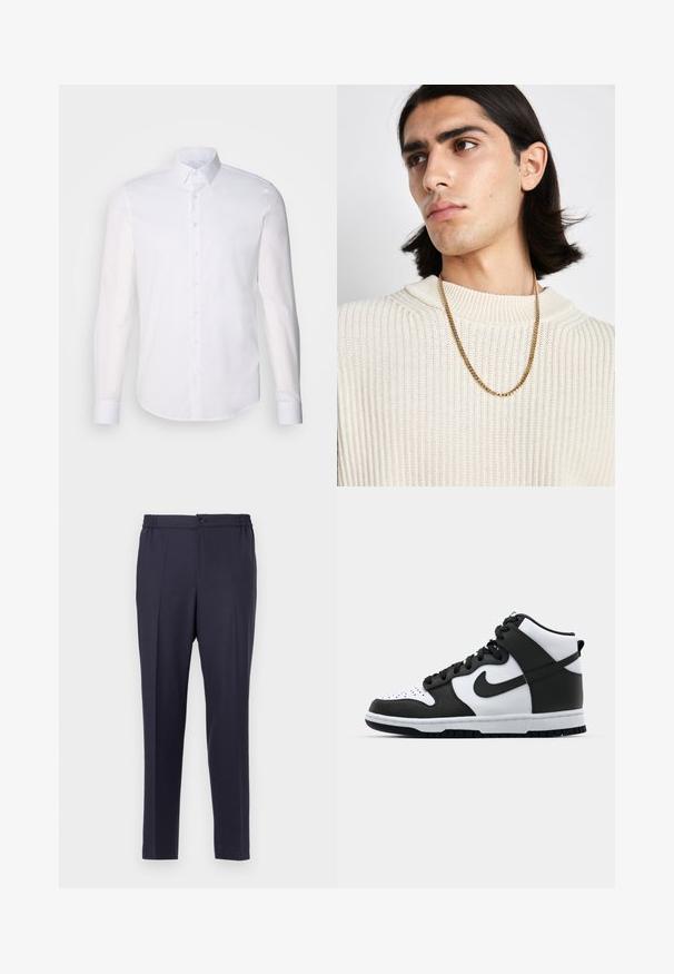 Chemise blanche à manches longues en coton, dotée d'un col classique, de boutons à l'avant et de détails de couture minimalistes.; Pantalon bleu marine à devant plat, taille élastique et fermeture à bouton. Coupe droite et texture lisse, adapté pour une tenue formelle ou décontractée.; Baskets montantes noir et blanc avec tige en cuir, boîte à orteils perforée, logo swoosh proéminent et semelle en caoutchouc texturée.; Collier en chaîne dorée porté sur un pull en tricot côtelé crème ; texture douce avec un col haut et un motif subtil dans le tissu.