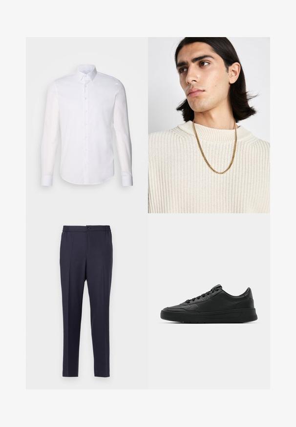 Bijela košulja dugih rukava s gumbima napravljena od pamuka, s klasičnom kragnom, prednjim gumbima i minimalnim detaljima šivanja.; Nautičke plave hlače s ravnim prednjim dijelom, elastičnim pojasom i zatvaranjem na gumb. Ravnog su kroja i glatke teksture, prikladne za formalne ili svakodnevne prilike.; Crne tenisice s glatkom kožnom gornjištem, okruglim vrhom, ravnim vezicama, podstavljenim ovratnikom i minimalističkim dizajnom. Gumeni potplat s suptilnim uzorkom.; Zlatna lančana ogrlica nošena preko kremaste pletene dukserice; mekana tekstura s visokim ovratnikom i suptilnim uzorkom na tkanini.