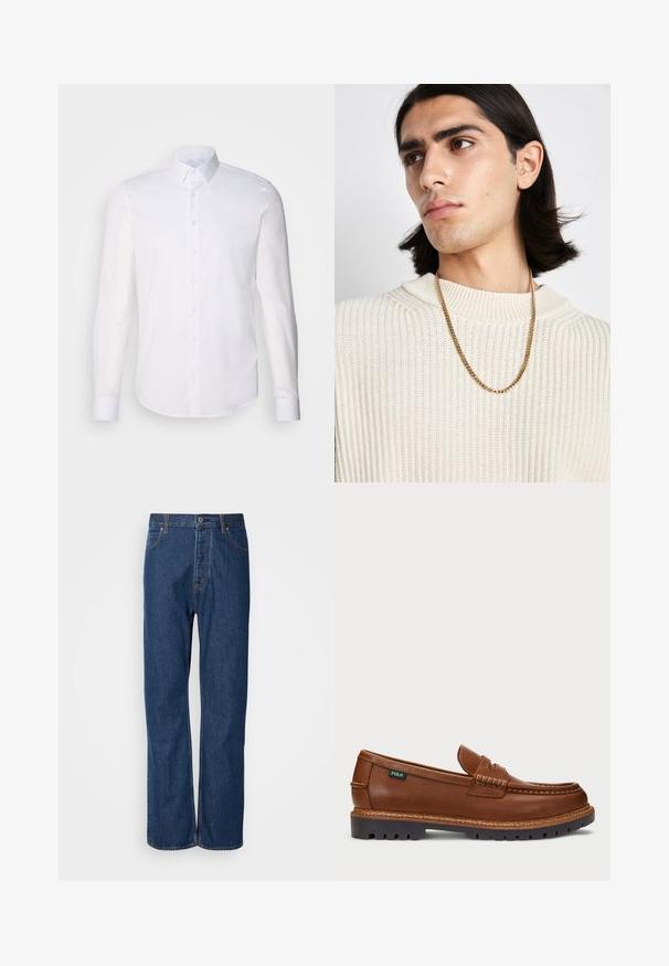 Camicia bianca a maniche lunghe con bottoni realizzata in cotone, caratterizzata da un colletto classico, bottoni frontali e dettagli di cucitura minimal.; Jeans in denim blu con un design a gamba dritta, dotati di chiusura con bottoni, cinque tasche e impunture in contrasto lungo le cuciture.; Mocassino in pelle marrone con cuciture decorative e punta testurizzata. La suola presenta un design robusto, che offre trazione e durata.; Collana in oro indossata sopra un maglione a coste crema; texture morbida con colletto alto e un motivo sottile nel tessuto.