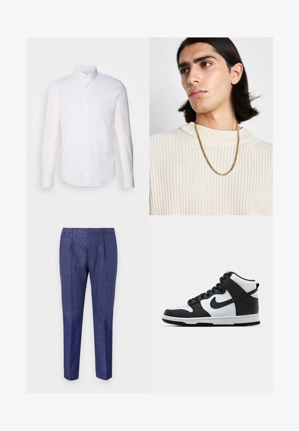 White long-sleeve button-up shirt made from cotton, featuring a classic collar, front buttons, and minimal stitching detail.; Navy blue trousers made of textured fabric, featuring a straight-leg design, two front pleats, and a discreet metal accent on the waistband.; Black and white high-top sneaker with leather upper, perforated toe box, prominent swoosh logo, and textured rubber sole.; Gold chain necklace worn over a cream ribbed knit sweater; soft texture with a high collar and a subtle pattern in the fabric.