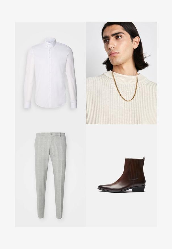 Camicia bianca a maniche lunghe con bottoni realizzata in cotone, caratterizzata da un colletto classico, bottoni frontali e dettagli di cucitura minimal.; Pantaloni grigi a quadri con una vestibilità sartoriale, caratterizzati da una cintura piatta, chiusura con un bottone singolo e passanti per cintura. Realizzati in un tessuto morbido.; Stivale alla caviglia in pelle marrone con punta affusolata, pannelli elastici laterali, dettagli testurizzati sul davanti e tacco basso a scossaline.; Collana in oro indossata sopra un maglione a coste crema; texture morbida con colletto alto e un motivo sottile nel tessuto.