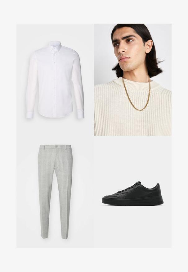 Cămașă albă cu mânecă lungă, tip bluză cu nasturi, fabricată din bumbac, având un guler clasic, nasturi pe față și detalii minime de coasere.; Pantaloni gri cu carouri, cu o croială atentă, având un front plat, închidere cu un singur nasture și curea. Realizați dintr-un material neted.; Nike sport cu partea superioară din piele netedă, vârf rotund, sireturi plate, guler căptușit și design minimalist. Talpă din cauciuc cu un model discret de profil.; Colier din aur purtat peste un pulover din tricot cu pene crem; textură moale cu un guler înalt și un model subtil în țesătură.