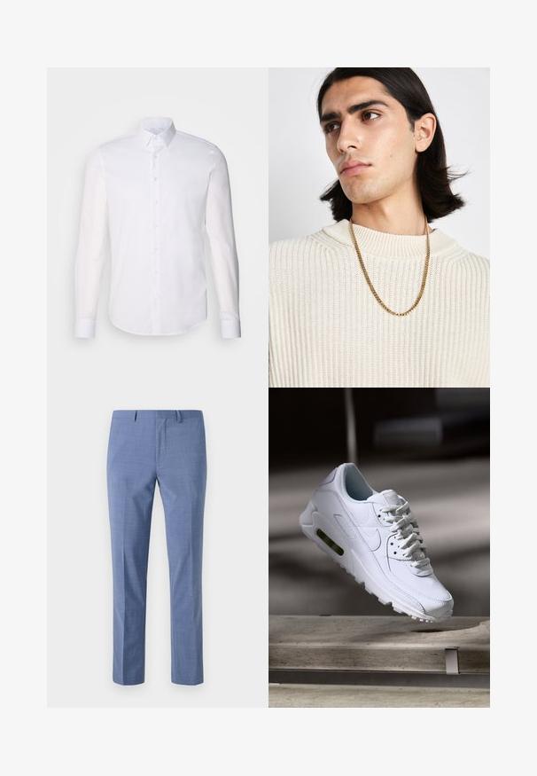 Fehér, hosszú ujjú, gombos ing, pamutból készült, klasszikus gallérral, elöl gombokkal és minimalista varrási részletekkel.; Világoskék, testre szabott elegáns nadrág, texturált anyagból, sima elejű, ferde oldalsó zsebekkel és sima derékkal, övlyukakkal.; Fehér bőr sneaker, texturált felületekkel, párnázott gallérral és látható légpárnázottsággal a talpban. Felszereltsége fűzőkkel és minimalista dizájnnal rendelkezik.; Aranylánc nyaklánc egy krém színű bordázott kötött pulóver fölött; puha textúra, magas gallér és finom minta a szövetben.