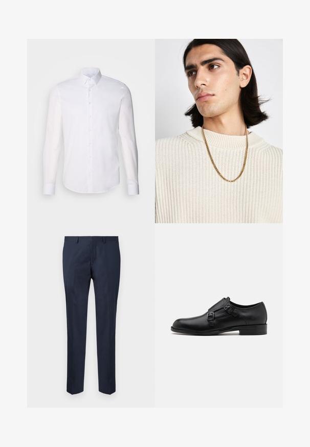 Weißes Langarm-Hemd aus Baumwolle, mit klassischem Kragen, vorderen Knöpfen und minimalen Nähdetails.; Marineblaue, maßgeschneiderte Hose aus einem glatten Stoff. Merkmale ein gerades Bein-Design mit flachem Vorderteil und Seitentaschen.; Schwarze Leder- Schnürschuhe mit doppelten Schnallen, schlanker Silhouette und runder Zehenpartie. Sie verfügen über einen niedrigen Absatz und eine glatte Textur.; Goldene Halskette über einem cremefarbenen, gerippten Strickpullover getragen; weiche Textur mit hohem Kragen und einem subtilen Muster im Gewebe.