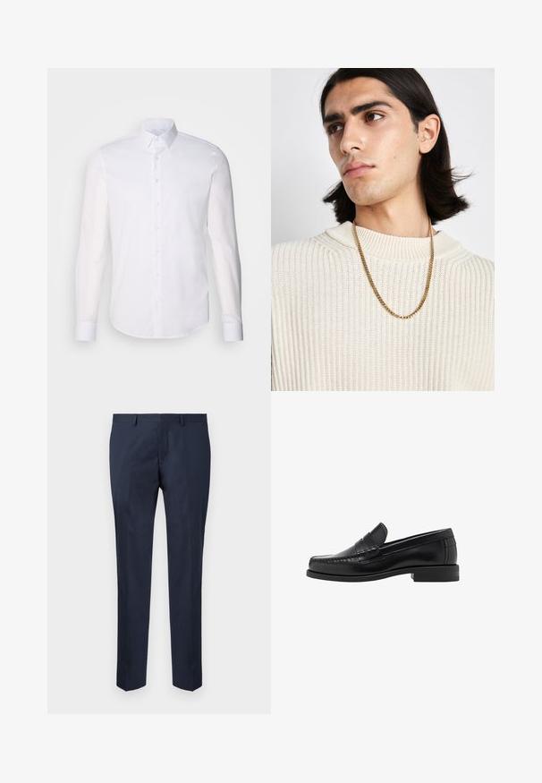 Valkoinen pitkähihaista napitettava paita, joka on valmistettu puuvillasta. Paitassa on klassinen kaulus, etunapit ja vähäinen ompelu yksityiskohtana.; Tummansinisiä räätälöityjä housuja, jotka on valmistettu sileästä kankaasta. Ominaisuuksiin kuuluu suora lahkeet, litteä etuosa ja sivutaskut.; Musta nahkayksilöinen loafersi, jossa on sileä pinta, ommellut yksityiskohdat varpaisiin ja matala kanta mukavuutta ja tyyliä varten.; Kultaketju, joka on puettu vaaleankermanvärisen ribbineuleen päälle; pehmeä rakenne, jossa on korkea kaulus ja hienovarainen kuvio kankaan pinnassa.