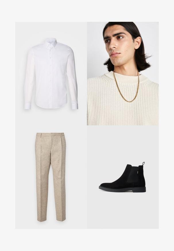 Bílá košile s dlouhým rukávem vyrobená z bavlny, s klasickým límcem, předními knoflíky a minimálním detailem šití.; Bežové kalhoty na míru vyrobené z texturované tkaniny, s dvěma předními záhyby, poutek na opasek a rovnými nohavicemi.; Černé semišové chelsea boty s elastickými postranními panely, zaoblenou špičkou a nízkou gumovou podešví. Disponují poutkem na zadní straně pro snadné obouvání.; Zlatý řetězový náhrdelník nošený přes krémový pletený svetr s žebrovaným vzorem; měkká textura s vysokým límcem a jemným vzorem v látce.