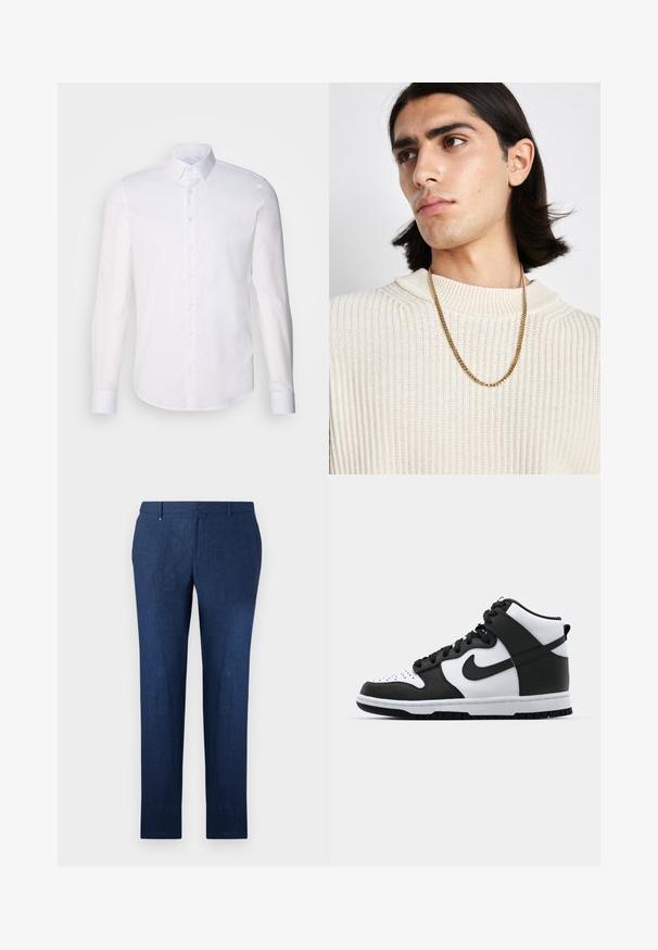 Balta kokvilnas krekla garajām piedurknēm ar pogām, kura dizainā ir klasiskā apkakle, priekšējās pogas un minimālistiska šuvju detaļa.; Jūras zila bikses, izgatavotas no tekstūras auduma, ar taisnām kājām un klasisku plakanu priekšpusi. Nav redzamu rakstu vai akcentu.; Melnbaltas augstās kedas ar ādas virsmu, perforētu purngala daļu, izteiksmīgu Swoosh logotipu un teksturētu gumijas zoli.; Zelta ķēdes kaklarota uzvilkta virs krēmkrāsas ribota džempera; mīksta tekstūra ar augstu apkakli un smalku rakstu audumā.
