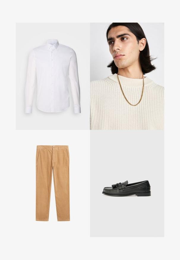 Fehér, hosszú ujjú, gombos ing, pamutból készült, klasszikus gallérral, elöl gombokkal és minimalista varrási részletekkel.; Világosbarna kordáleg nadrág, egyenes szárú fazonnal, oldalsó zsebekkel és sima textúrával. Nincsenek látható minták vagy díszítések.; Fekete bőr loafer cipők, lekerekített orral, díszes bojtokkal és varrott mintázattal. Lapos talp, az oldalon diszkrét márkajelzéssel.; Aranylánc nyaklánc egy krém színű bordázott kötött pulóver fölött; puha textúra, magas gallér és finom minta a szövetben.