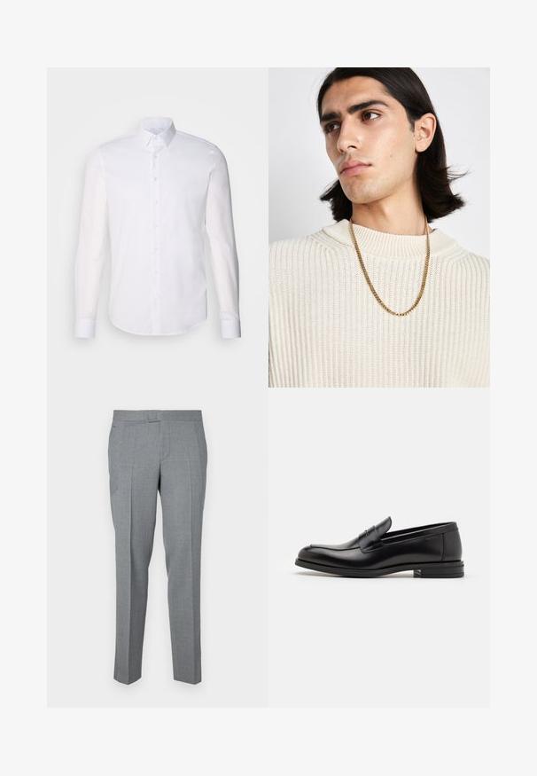Valge pikkade varrukatega nööpidega särk, mis on valmistatud puuvillast, klassikalise krae, eest nööpide ja minimaalsete õmblusdetailidega.; Hallitatud hallid püksid, mis on valmistatud tekstuuriga kangast, millel on sirge esikülg, vöökohaga aasad ja kaks külge taskut. Sirge jala disain.; Mustad mustad nahast loafers sileda tekstuuriga, ümarat ninaosa ja dekoratiivne riba vampi üle. Madal kihiline konts, minimalistlik disain.; Kuldne kettkaelakee, mis on kantud kreemjas ribakudumisest ülesse; pehme tekstuur kõrgema kaelusega ja õrn muster kangas.