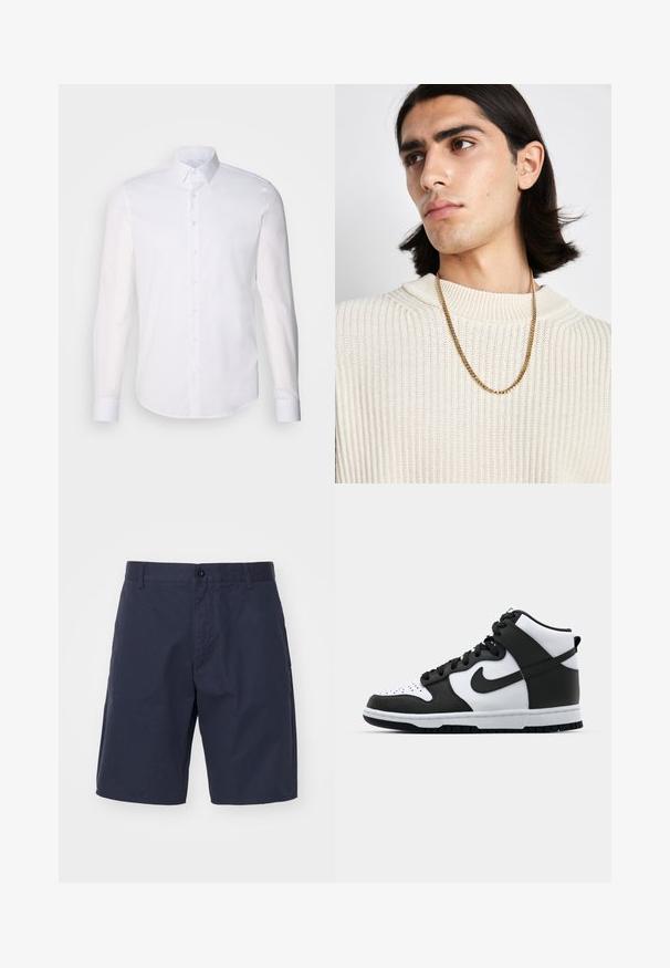 Balta kokvilnas krekla garajām piedurknēm ar pogām, kura dizainā ir klasiskā apkakle, priekšējās pogas un minimālistiska šuvju detaļa.; Jūras zila šorti, izgatavoti no viegla auduma, ar pogu aizdari, sānu kabatām, taisnu griezumu un redzamām dūrienu detaļām.; Melnbaltas augstās kedas ar ādas virsmu, perforētu purngala daļu, izteiksmīgu Swoosh logotipu un teksturētu gumijas zoli.; Zelta ķēdes kaklarota uzvilkta virs krēmkrāsas ribota džempera; mīksta tekstūra ar augstu apkakli un smalku rakstu audumā.