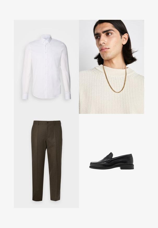 Witte lange mouwen overhemd met knopen, gemaakt van katoen, voorzien van een klassieke kraag, voorkant met knopen en minimale stikdetails.; Donkerbruine op maat gemaakte broeken met een gladde textuur, voorzien van twee frontplooien, een knoopsluiting en een recht model.; Zwarte leren instappers met een gladde afwerking, gestikte details op de neus en een lage hakontwerp voor comfort en stijl.; Gouden kettinghalsketting gedragen boven een crème geribbelde gebreide trui; zachte textuur met een hoge kraag en een subtiel patroon in de stof.