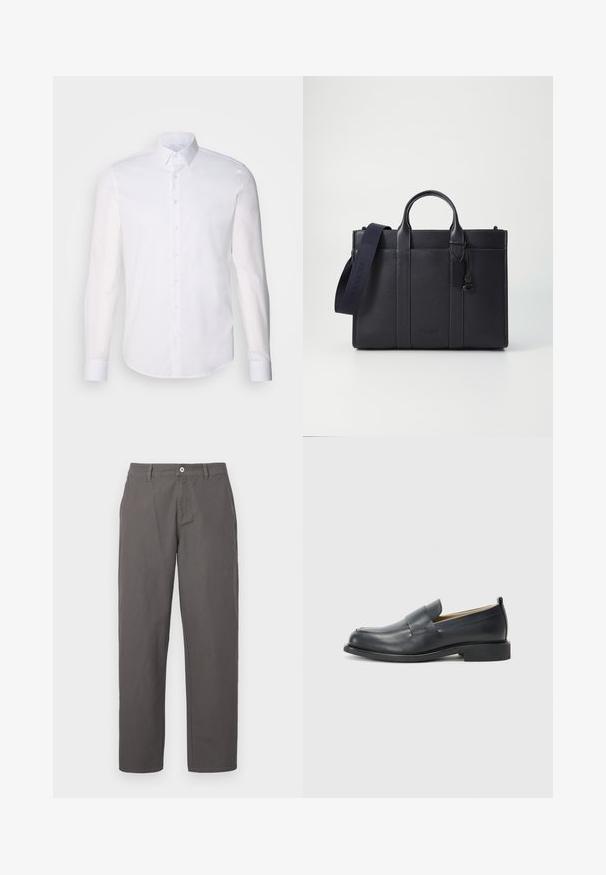 Weißes Langarm-Hemd aus Baumwolle, mit klassischem Kragen, vorderen Knöpfen und minimalen Nähdetails.; Graue Baumwollhose mit geradem Bein, ausgestattet mit einem frontalen Knopf, Reißverschluss und seitlichen Taschen. Glatte Textur, ohne Muster.; Schwarzlederne Slipper mit einem glatten Finish, einer flachen Sohle und einer abgerundeten Zehenpartie, die einen dekorativen Riemen über dem Obermaterial aufweisen.; Dunkelblaues Lederaktentasche mit doppelten oberen Griffen und einem abnehmbaren Gurt. Merkmale sind die strukturierte Oberfläche, vertikale Nähte und das Logo-Detail.