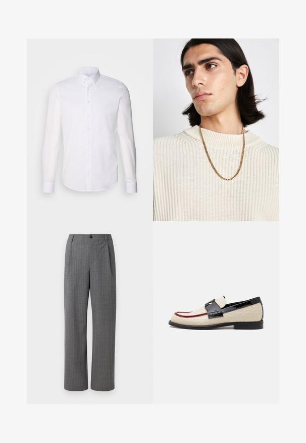 Valge pikkade varrukatega nööpidega särk, mis on valmistatud puuvillast, klassikalise krae, eest nööpide ja minimaalsete õmblusdetailidega.; Hallid hallad dressipüksid, millel on vertikaalsed valged triibud. Valmistatud siledast kangast, mis omab nööbi kinnitust ja laia säärega disaini.; Bežid loafers, milletrikiga reljeefne mustri, punane aktsentlindi ja läikiv must konts. Omab rihma koos tõmblukuga detailiga. Lame must tall.; Kuldne kettkaelakee, mis on kantud kreemjas ribakudumisest ülesse; pehme tekstuur kõrgema kaelusega ja õrn muster kangas.