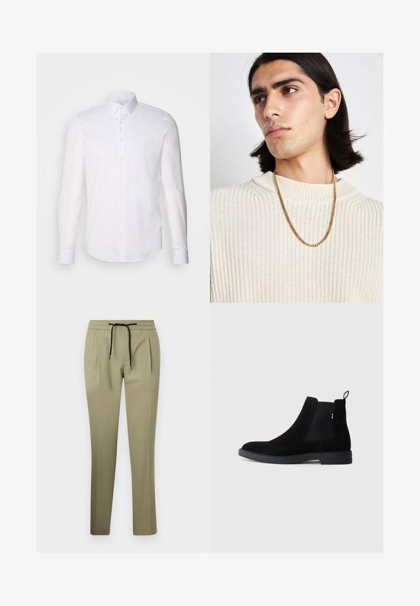 Witte lange mouwen overhemd met knopen, gemaakt van katoen, voorzien van een klassieke kraag, voorkant met knopen en minimale stikdetails.; Khaki broek in een zachte stof met een relaxte pasvorm, met een elastische tailleband en koordsluiting. Rechte pijp ontwerp met zijplooien.; Zwarte suède Chelsea laarzen met elastische zijpanelen, ronde neus en een lage rubberen zool. Beschikt over een trekband aan de achterkant voor eenvoudig aan- en uittrekken.; Gouden kettinghalsketting gedragen boven een crème geribbelde gebreide trui; zachte textuur met een hoge kraag en een subtiel patroon in de stof.