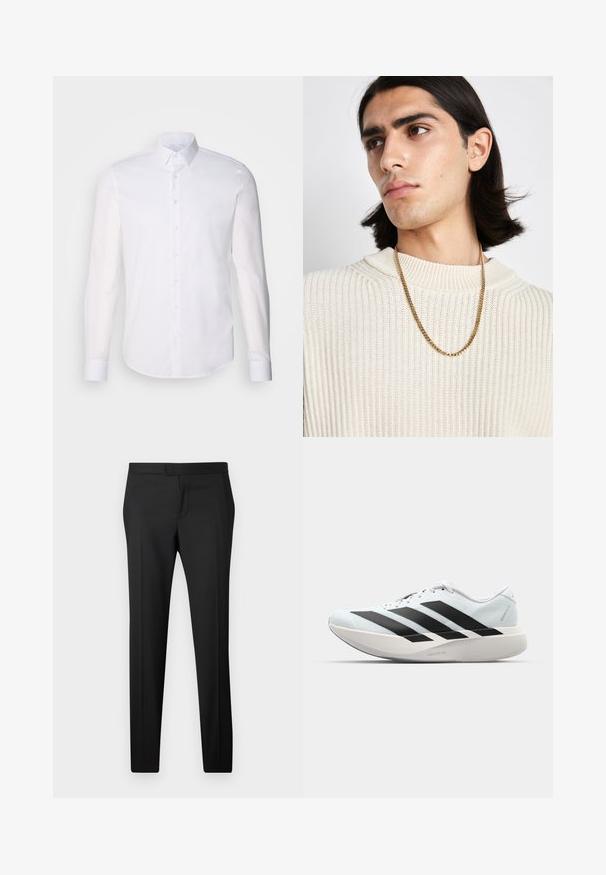 Camicia bianca a maniche lunghe con bottoni realizzata in cotone, caratterizzata da un colletto classico, bottoni frontali e dettagli di cucitura minimal.; Pantaloni neri su misura con taglio dritto, realizzati in un tessuto liscio. Presentano una parte frontale piatta, passanti per cinturino e nessun motivo o decorazione visibile.; Scarpe da corsa leggere di colore azzurro pallido con strisce nere. Presentano una tomaia liscia, punta rotonda e un'ampia intersuola bianca etichettata "LIGHTSTRIKE PRO."; Collana in oro indossata sopra un maglione a coste crema; texture morbida con colletto alto e un motivo sottile nel tessuto.