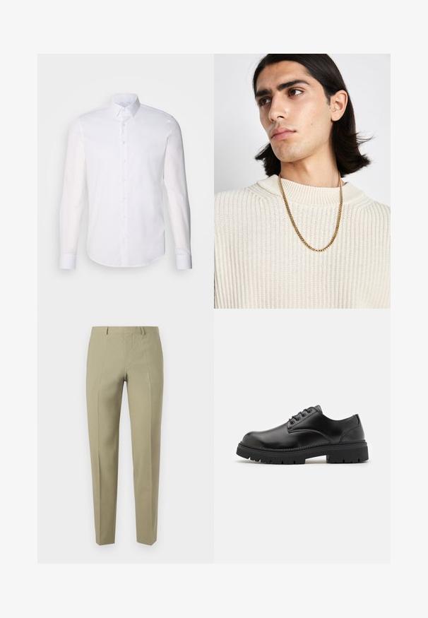 Valkoinen pitkähihaista napitettava paita, joka on valmistettu puuvillasta. Paitassa on klassinen kaulus, etunapit ja vähäinen ompelu yksityiskohtana.; Khaki-housut slim fit -mallia, valmistettu sileästä kankaasta. Siinä on eturenkaita, vyölenkit ja vetoketjusuljenta.; Mustat nahkakengät, joissa on pyöristetyt varpaat, nauhakiinnitys ja paksu, tekstuurilla varustettu kumipohja. Sisältää tikkausta reunoilla ja sileän pinnan.; Kultaketju, joka on puettu vaaleankermanvärisen ribbineuleen päälle; pehmeä rakenne, jossa on korkea kaulus ja hienovarainen kuvio kankaan pinnassa.