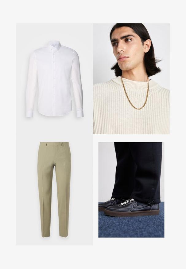 Bela srajca z dolgimi rokavi in gumbom, izdelana iz bombaža, z klasičnim ovratnikom, sprednjimi gumbi in minimalnimi šivi.; Kaki hlače z ožjim krojem, izdelane iz gladkega materiala. Imajo sprednje gube, zanke za pas in zadrgo.; Nike Sportswear KILLSHOT 2 LTR PRM OPP2 - Športni copati - black sail baroque brown mtlc dk grey; Zlata verižica nosena preko kremnega pletenega puloverja; mehka tekstura z visokim ovratnikom in subtilnim vzorcem v tkanini.