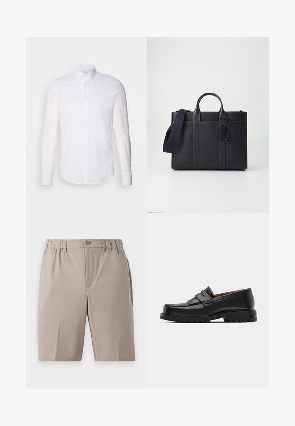 Bela srajca z dolgimi rokavi in gumbom, izdelana iz bombaža, z klasičnim ovratnikom, sprednjimi gumbi in minimalnimi šivi.; Bež kratke hlače iz lahkega materiala. Imajo elastični pas, gumbasto zapiranje in stranske žepke. Gladka tekstura, dolžina do kolen.; Črne usnjene loafersice imajo dvignjen šiv, dve dekorativni trakovi na zgornjem delu in debel strukturiran podplat za boljši oprijem.; Temno mornarsko usnjeno aktovko z dvema zgoraj ročaji in odstranljivim trakom. Ima teksturirano površino, navpične šive in podrobnost z logotipom.