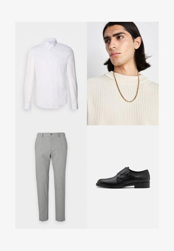 Biela košeľa s dlhým rukávom, vyrobená z bavlny, s klasickým golierom, prednými gombíkmi a minimálnym prešívaním.; Sivé nohavice vyrobené z textúrovanej tkaniny, s button uzáverom, prispôsobeným strihom a rovnými nohavicami.; Čierne kožené spoločenské topánky s dvojitými prackami, elegantným siluetou a okrúhlou špičkou. Majú nízky opätok a hladký povrch.; Zlatý náhrdelník nosený cez krémový rebrovaný pletený sveter; mäkká textúra s vysokým golierom a jemným vzorom v látke.