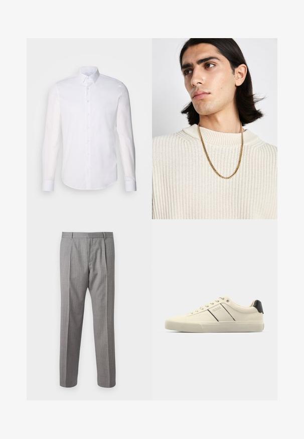 Bijela košulja dugih rukava s gumbima napravljena od pamuka, s klasičnom kragnom, prednjim gumbima i minimalnim detaljima šivanja.; Sive hlače s prugicama i krojem po mjeri, s prednjim nabranim detaljima, petljama za remen i glatkom teksturom. Ravne nogavice, čiste ovratnike.; Kremaste tenisice glatke teksture, s crnim detaljima i logotipom. Klasični dizajn sa vezanjem, okrugli vrh i gumeni potplat.; Zlatna lančana ogrlica nošena preko kremaste pletene dukserice; mekana tekstura s visokim ovratnikom i suptilnim uzorkom na tkanini.