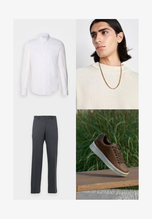 Bijela košulja dugih rukava s gumbima napravljena od pamuka, s klasičnom kragnom, prednjim gumbima i minimalnim detaljima šivanja.; Muške tamnosive klasične hlače s remenom i prednjim pregibima, prikazane na bijeloj pozadini.; Smeđe kožne tenisice s bijelim gumiranim potplatom, zaobljenim nosom i smešnim vezicama. Teksturirana površina na potplatu i glatka završna obrada na gornjem dijelu.; Zlatna lančana ogrlica nošena preko kremaste pletene dukserice; mekana tekstura s visokim ovratnikom i suptilnim uzorkom na tkanini.
