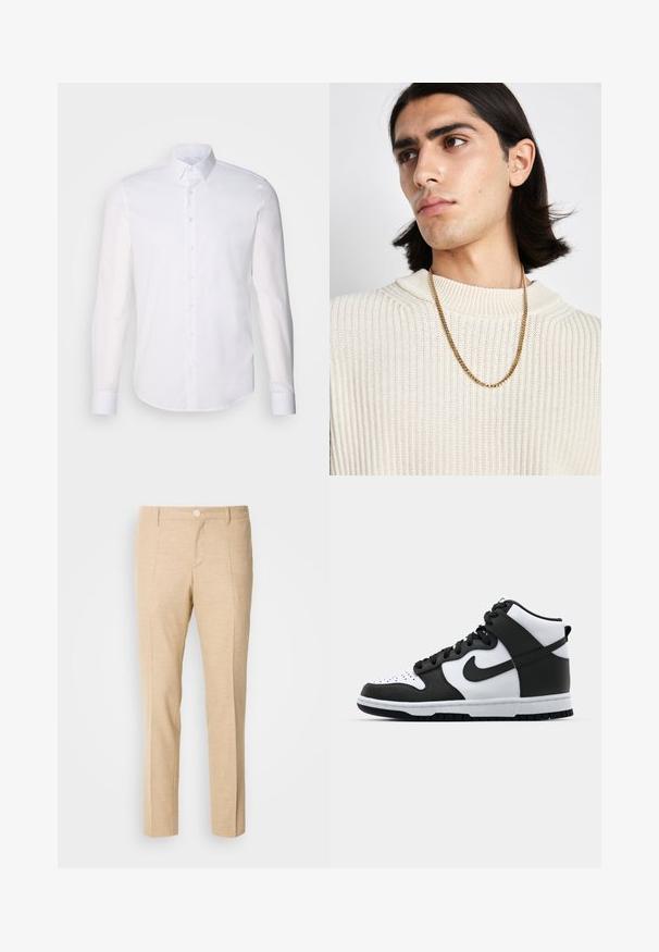 Valge pikkade varrukatega nööpidega särk, mis on valmistatud puuvillast, klassikalise krae, eest nööpide ja minimaalsete õmblusdetailidega.; Beeži kohandatud püksid tekstureeritud kangast, sirge jala kujunduse, esiplekid ja üksik nööp kinnitamiseks vöökoht.; Mustvalge kõrge äärega tenniseking, millele on lisatud nahk üleosa, performeeritud varbakast, silmapaistev swoosh-logo ja tekstureeritud kummist tald.; Kuldne kettkaelakee, mis on kantud kreemjas ribakudumisest ülesse; pehme tekstuur kõrgema kaelusega ja õrn muster kangas.