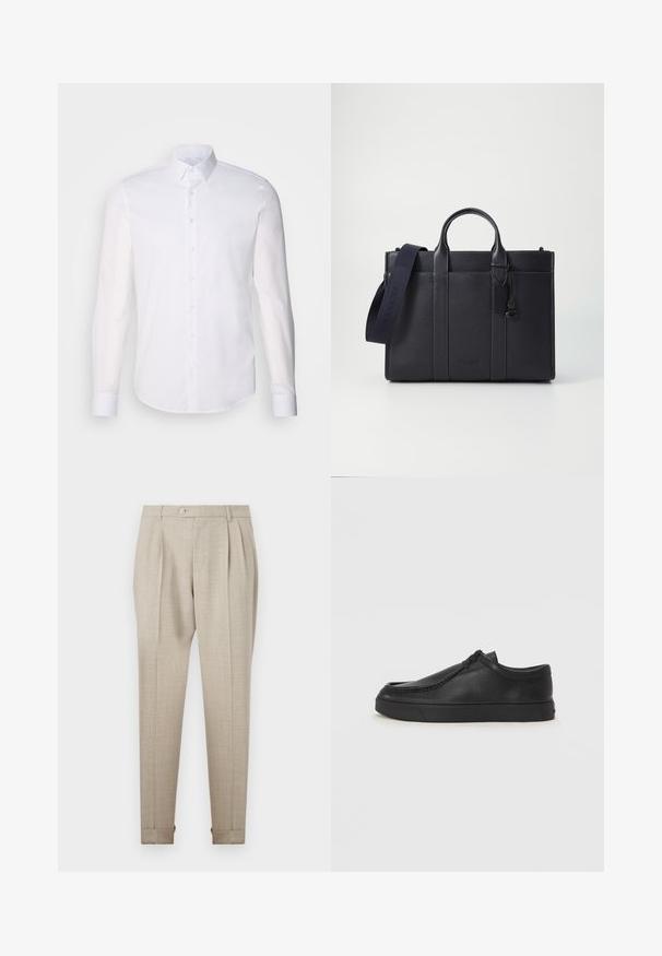 Bela srajca z dolgimi rokavi in gumbom, izdelana iz bombaža, z klasičnim ovratnikom, sprednjimi gumbi in minimalnimi šivi.; Bež hlače s plisejem in gladko teksturo, z zapiranjem na gumb spredaj in zavitimi robovi. Prilegajoč se kroj in ravne noge.; Črne usnjene natikače s zaobljenim prstom, šivanim detajlima in črnim gumijastim podplatom. Gladka tekstura z minimalističnim dizajnom.; Temno mornarsko usnjeno aktovko z dvema zgoraj ročaji in odstranljivim trakom. Ima teksturirano površino, navpične šive in podrobnost z logotipom.