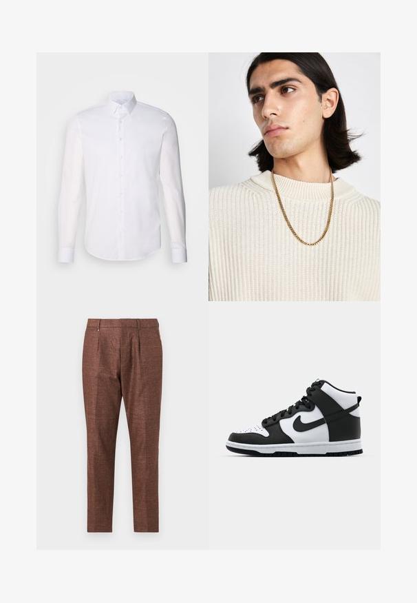 Valge pikkade varrukatega nööpidega särk, mis on valmistatud puuvillast, klassikalise krae, eest nööpide ja minimaalsete õmblusdetailidega.; Pruunid tekstureeritud püksid, mis on kohandatud sobivusega, silmapaistva esiosa, kahe esikoti ja kerge läikega.; Mustvalge kõrge äärega tenniseking, millele on lisatud nahk üleosa, performeeritud varbakast, silmapaistev swoosh-logo ja tekstureeritud kummist tald.; Kuldne kettkaelakee, mis on kantud kreemjas ribakudumisest ülesse; pehme tekstuur kõrgema kaelusega ja õrn muster kangas.