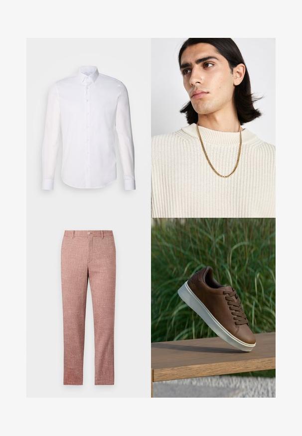 Vit långärmad skjorta med knappar tillverkad av bomull, har en klassisk krage, framskjuta knappar och minimal sömnadsdetalj.; Röda texturerade byxor med rak bendesign, frampocketar och knappstängning. Tyget har ett vävt mönster för extra detalj.; Bruna lädersneakers med vit gummisula, rund tå och bruna snörningar. Texturerat grepp på sulan och slät yta på överdelen.; Guldhalsband bärs över en krämfärgad ribbad stickad tröja; mjuk textur med hög krage och ett subtilt mönster i tyget.