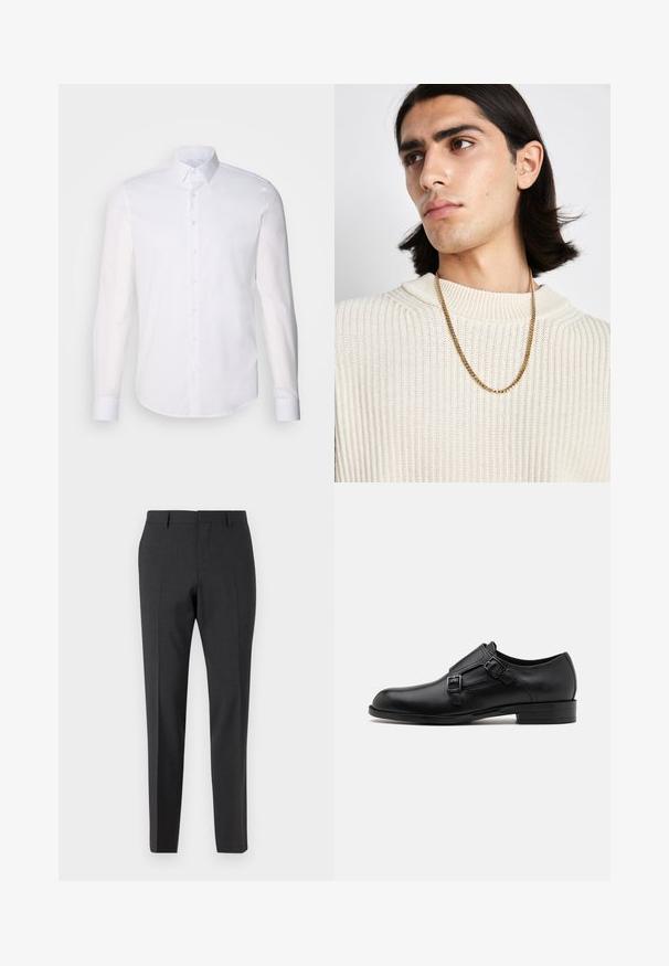 Bílá košile s dlouhým rukávem vyrobená z bavlny, s klasickým límcem, předními knoflíky a minimálním detailem šití.; Tmavě šedé kalhoty na míru s hladkou texturou, úzkým střihem, plochým předním dílem a poutky na opasek, určené pro formální nebo pracovní oblečení.; Černé kožené společenské boty s dvojitými sponami, elegantní silueta a kulatá špička. Mají nízký podpatek a hladký povrch.; Zlatý řetězový náhrdelník nošený přes krémový pletený svetr s žebrovaným vzorem; měkká textura s vysokým límcem a jemným vzorem v látce.