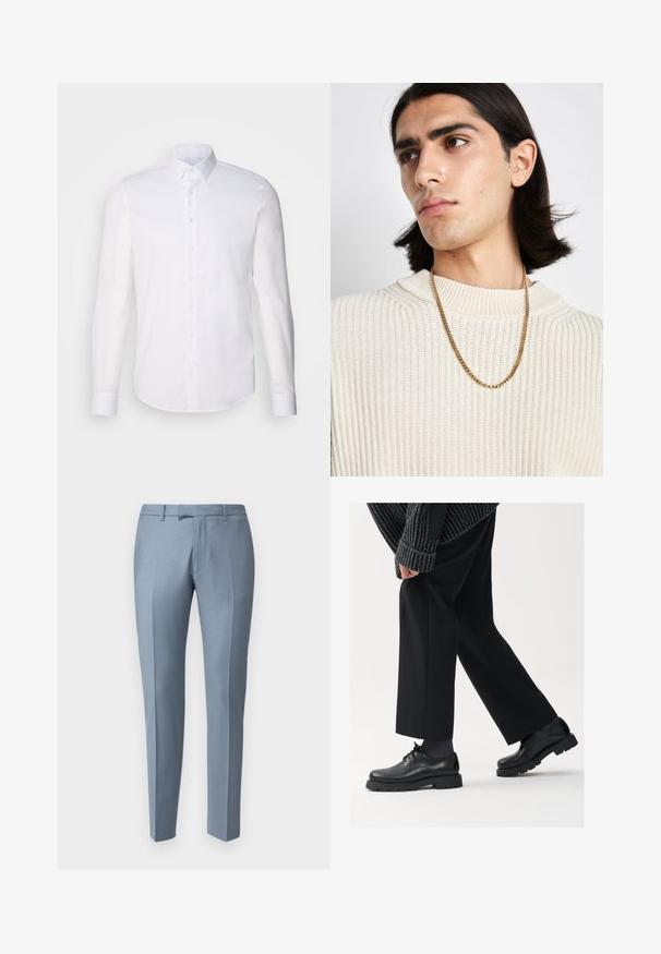 Chemise blanche à manches longues en coton, dotée d'un col classique, de boutons à l'avant et de détails de couture minimalistes.; Pantalons sur mesure bleu clair en tissu lisse, présentant une taille plate, des jambes droites et des détails de plis subtils.; Chaussures en cuir noir à bout arrondi, à lacets, avec une semelle épaisse et texturée. Portées avec un pantalon noir ajusté et un pull à côtes.; Collier en chaîne dorée porté sur un pull en tricot côtelé crème ; texture douce avec un col haut et un motif subtil dans le tissu.