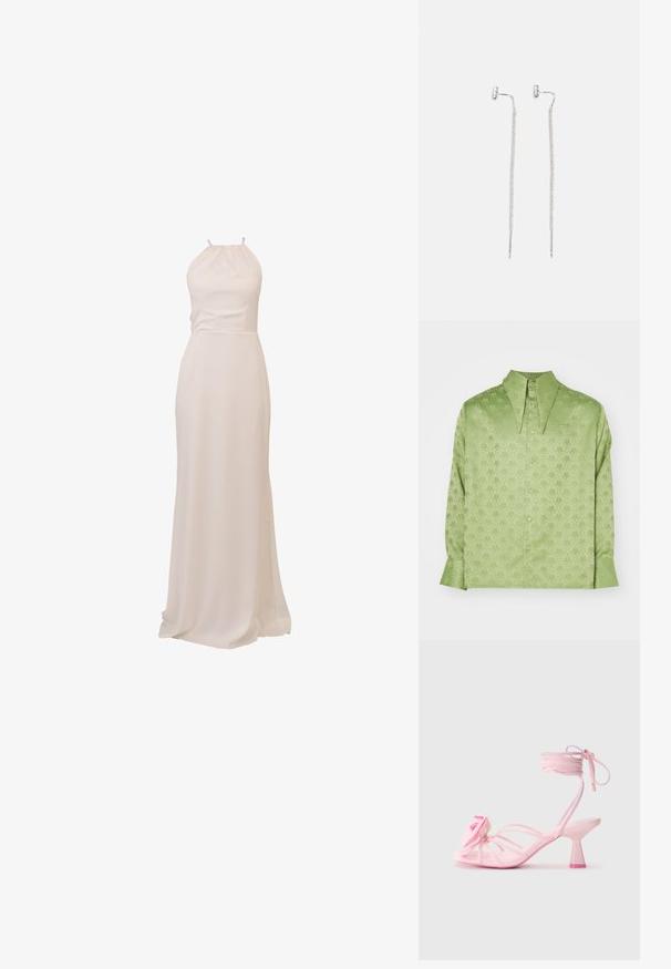 Sister Jane UNISEX - Skjortebluse - green; Lang, halter-neck kjole i myk, kremfarget stoff. Jevn tekstur, tettsittende bodice og flytende skjørt med et Lite tog. Minimalistisk design.; Rosa hæl sandaler med tynde stropper og en blomsterdekoration på tåen. Hælen har et chunky design med en kontrasterende pink spids. Glat tekstur.; Perlehåndveske med livlige farger: rosa, oransje, blå og brun. Strukturerte overflater med sirkulære perler og organiske former, solide håndtak.; Sølvdangleøreringer med et tynt, mesh-lignende kjededesign og rette stenger som aksenter, med sommerfugl-låser for sikker feste.