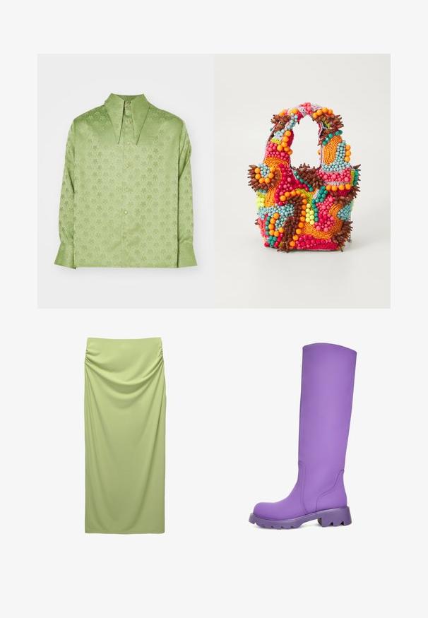 Sister Jane UNISEX - Košilová halenka - green; Sukně s vysokým pasem a až na zem dlouhá, vyrobená z měkké, světle zelené tkaniny. Má shromážděné detaily po stranách pro texturu a splývavost.; Živé fialové vysoké boty do kolen s hladkým, matným povrchem. Masivní, strukturovaná podrážka s širokým podpatkem. Obsahují jemné detaily v šití.; Beaded kabelka s živými barvami: růžovou, oranžovou, modrou a hnědou. Texturovaný povrch s kulatými korálky a organickými tvary, pevné uchy.