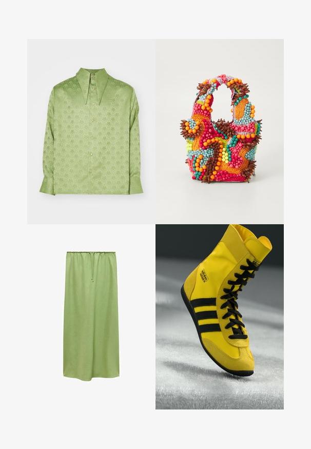 Sister Jane UNISEX - Hemdbluse - green; Mango Maxirock - light green; Hochschuh-Sneaker aus gelbem synthetischem Material, mit schwarzen Schnürsenkeln, drei schwarzen Streifen und Branding an der Seite. Strukturierte Gummisohle.; Perlenhandtasche in lebhaften Farben: Pink, Orange, Blau und Braun. Strukturierte Oberfläche mit kreisförmigen Perlen und organischen Formen, stabile Griffe.