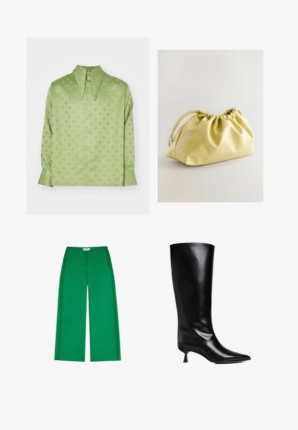 Sister Jane UNISEX - Camicia - green; Pantaloni larghi verdi realizzati in tessuto testurizzato, con dettagli ondulati lungo le cuciture laterali e una vestibilità comoda.; Stivale nero in pelle, alto fino al ginocchio, con punta affusolata, silhouette slim e tacco basso a blocco, con una finitura lucida.; Next Pochette - yellow