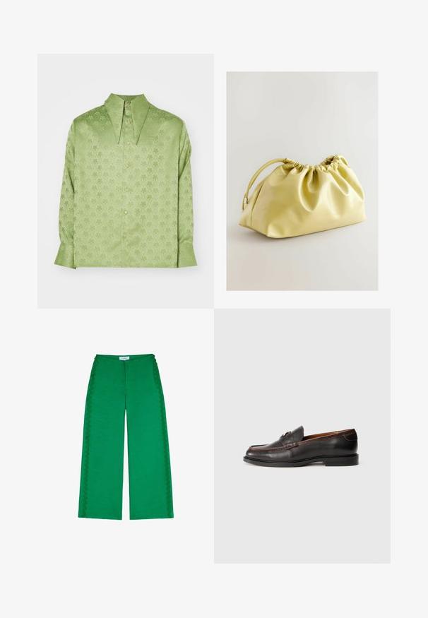 Sister Jane UNISEX - Overhemdblouse - green; Groene wijde broek gemaakt van textuurstof, met geschulpte accenten langs de zijnaad en een relaxte pasvorm.; Zwarte leren instappers met een gladde afwerking, ronde neus en gestikte details. Heeft een lage hak en een minimalistisch ontwerp.; Next Clutch - yellow