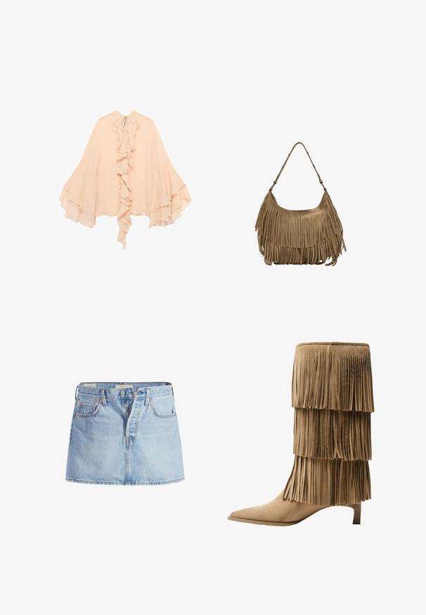 Persikofärgad chiffonblus med volang i fronten, utsvängda ärmar och knytning vid halsen. Mjuk textur och flödande silhuett.; Ljusblå denimkjol med en åtsittande midja, femficksdesign, knappstängning fram och subtil blekning över hela tyget.; Fransankelboot i tan mocka med tre lager av fransar. Spetsig tå och en låg blockklack. Slät textur genomgående.; Brun mockaskinns väska med långa fransdetaljer, en böjd form och ett enda axelband. Har en jämn, strukturerad yta.