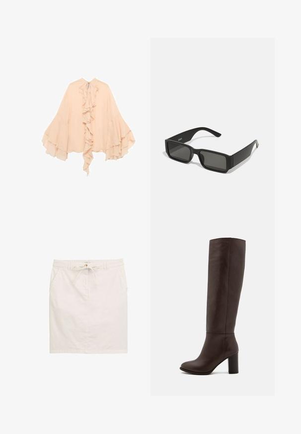 Blusa de gasa de color melocotón con volantes en la parte frontal, mangas acampanadas y un lazo en el cuello. Textura suave y silueta fluida.; Falda de algodón blanca con cintura ajustable, dos bolsillos laterales y corte recto. Textura sutil con un acabado suave.; Bota de cuero marrón hasta la rodilla con tacón bloque, textura suave, punta redondeada y detalles de costura mínimos.; Gafas de sol negras con lentes rectangulares, armazón de plástico mate y bordes rectos. Presentan el logo de la marca en el interior de la patilla.; Bolso de piel marrón con dos asas largas, forma rectangular estructurada, textura suave y bordes redondeados. Presenta detalles de acentuación en las asas.