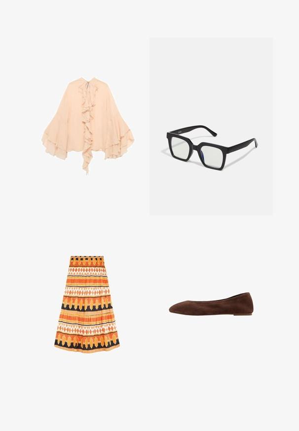 Blusa in chiffon color pesco con fronte arricciato, maniche svasate e chiusura a cravatta al collo. Texture morbida e silhouette fluida.; Gonna di cotone arancione con strisce orizzontali in diverse tonalità, dettagli in bianco e nero e un design plissettato. Vita elastica.; Ballerine in suede marrone con punta affusolata, suola piatta e texture liscia. Design elegante senza hardware o accessori visibili.; Occhiali da sole neri con finitura opaca, dotati di lenti trasparenti e una leggera sfumatura blu su un lato. Design robusto e angolare.; Borsa a spalla in pelle bovina marrone e crema con tracolla in pelle liscia, chiusura con zip e superficie morbida e testurizzata con un motivo naturale.