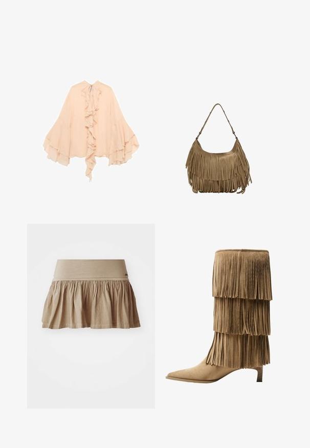 Pfirsichfarbene Chiffonbluse mit gerüschter Vorderseite, ausgestellten Ärmeln und einer Bindeschließe am Hals. Weiche Textur und fließende Silhouette.; Beiger Baumwollrock mit einem gerafften Saum und einem breiten elastischen Bund. Leichtes Material mit einer weichen Textur und lässigem Design.; Fransen-Stiefelette aus taupefarbenem Wildleder mit drei Lagen Fransen. Spitz zulaufende Zehenpartie und ein niedriger Blockabsatz. Durchgehend glatte Oberfläche.; Braune Wildleder-Handtasche mit langen Fransen, einer geschwungenen Form und einem einzelnen Schultergurt. Verfügt über eine glatte, strukturierte Oberfläche.
