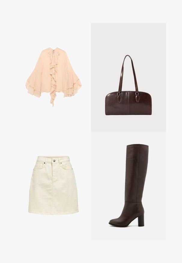 Pfirsichfarbene Chiffonbluse mit gerüschter Vorderseite, ausgestellten Ärmeln und einer Bindeschließe am Hals. Weiche Textur und fließende Silhouette.; Jeansrock in einem hellbeigen Farbton, mit geradem Schnitt, Fünf-Taschen-Design, Knopfverschluss und einer dezent strukturierten Oberfläche.; Braune Lederstiefel bis zum Knie mit Blockabsatz, glatter Textur, runder Spitze und minimalen Nahtdetails.; Braune Ledertasche mit zwei langen Tragegriffen, einer strukturierten rechteckigen Form, glatter Textur und abgerundeten Kanten. Besitzt Akzentdetails an den Griffen.
