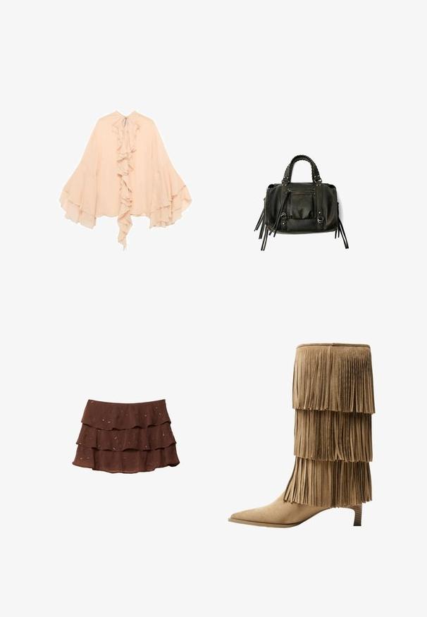 Blouse en chiffon de couleur pêche avec un devant froncé, des manches évasées et une fermeture à nouer au cou. Texture douce et silhouette fluide.; Jupe marron à plusieurs couches avec trois volants, faite d'un tissu léger présentant un motif floral et des accents métalliques. Design de taille régulière.; Bottine à franges en daim tan avec trois couches de franges. Bout pointu et petit talon carré. Texture lisse sur l'ensemble.; Sac à main en cuir noir avec des poignées tressées, une poche zippée et des glands suspendus. Surface texturée avec des clous en métal et des accents en métal.