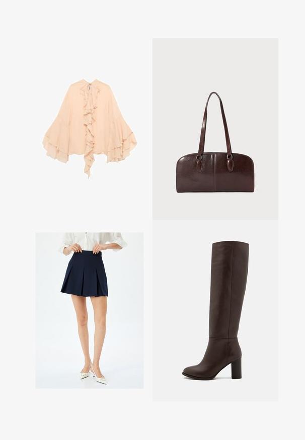 Blusa in chiffon color pesco con fronte arricciato, maniche svasate e chiusura a cravatta al collo. Texture morbida e silhouette fluida.; Gonna plissettata blu marina con vita alta e texture liscia, presenta pieghe nette e design minimalista. Indossata con tacchi bianchi.; Stivale in pelle marrone al ginocchio con tacco a blocco, texture liscia, punta arrotondata e dettagli di cucitura minimi.; Borsa in pelle marrone con due manici lunghi, forma rettangolare strutturata, superficie liscia e angoli arrotondati. Presenta dettagli di accentuazione sui manici.